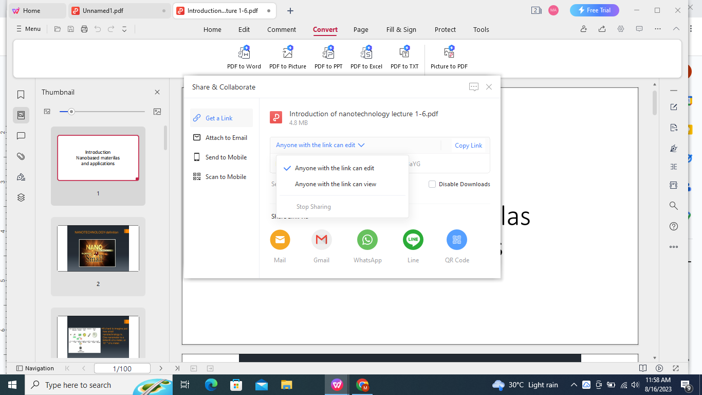 share and collaborate menu