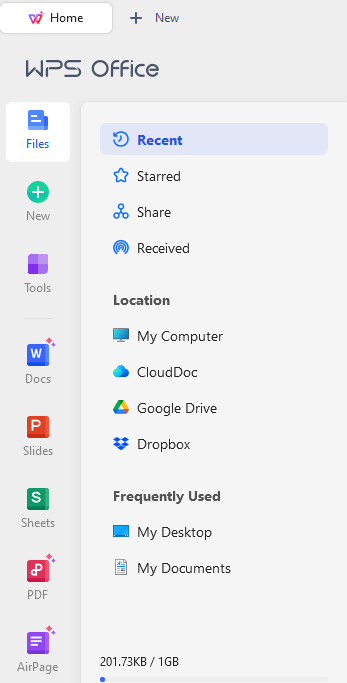 Homepage of WPS software in Desktop