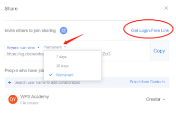 options for sharing the link