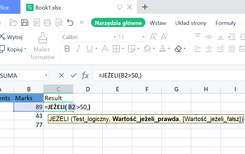 Tekst logiczny arkusza kalkulacyjnego WPS