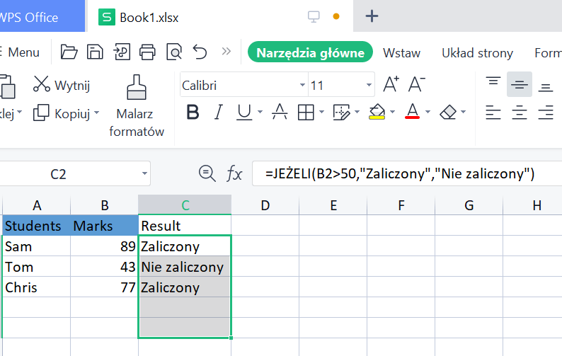 Wyniki funkcji IF w arkuszu kalkulacyjnym WPS