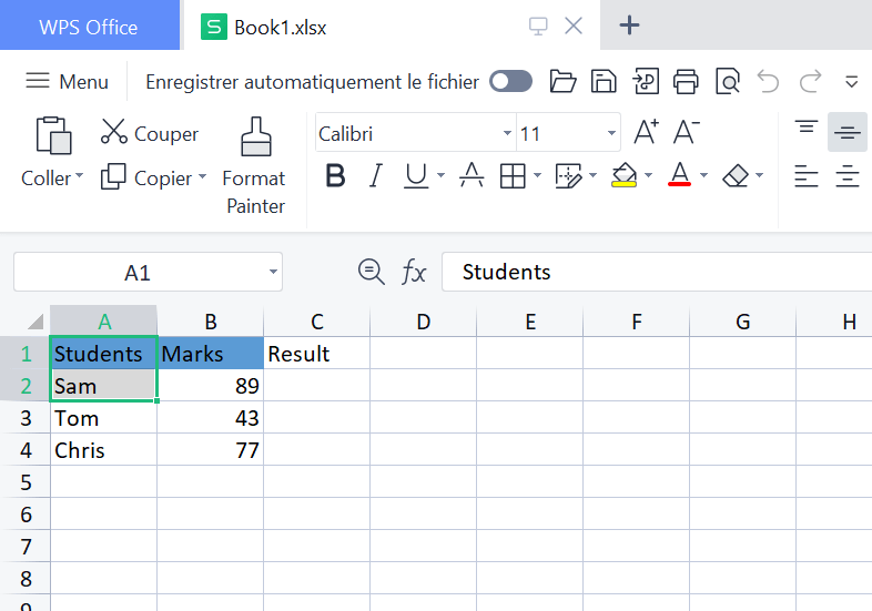 Feuille de calcul WPS avec les données des élèves