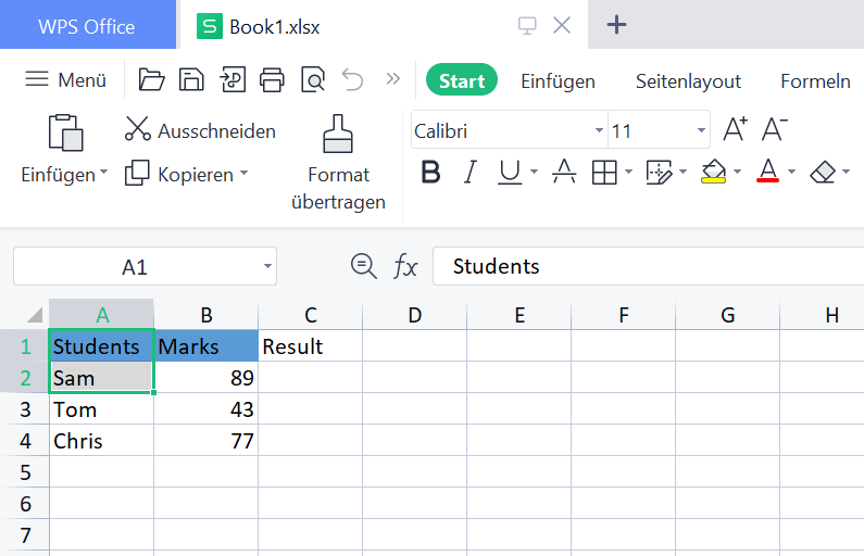 WPS Spreadsheet mit Schülerdaten