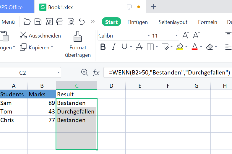 Ergebnisse der WPS Tabellenkalkulation IF-Funktion