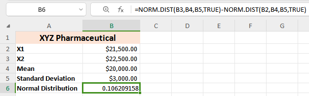 Excel Normal Distribution calculator results