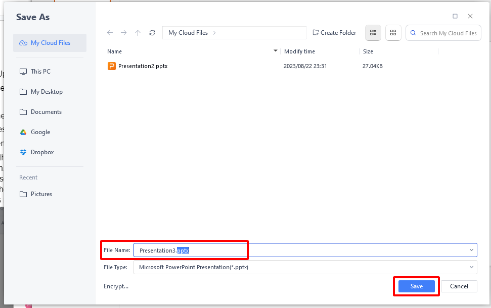 Enter Name of presentation and Save