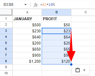 calculating the cells on column B using  =A2*10% formula 
