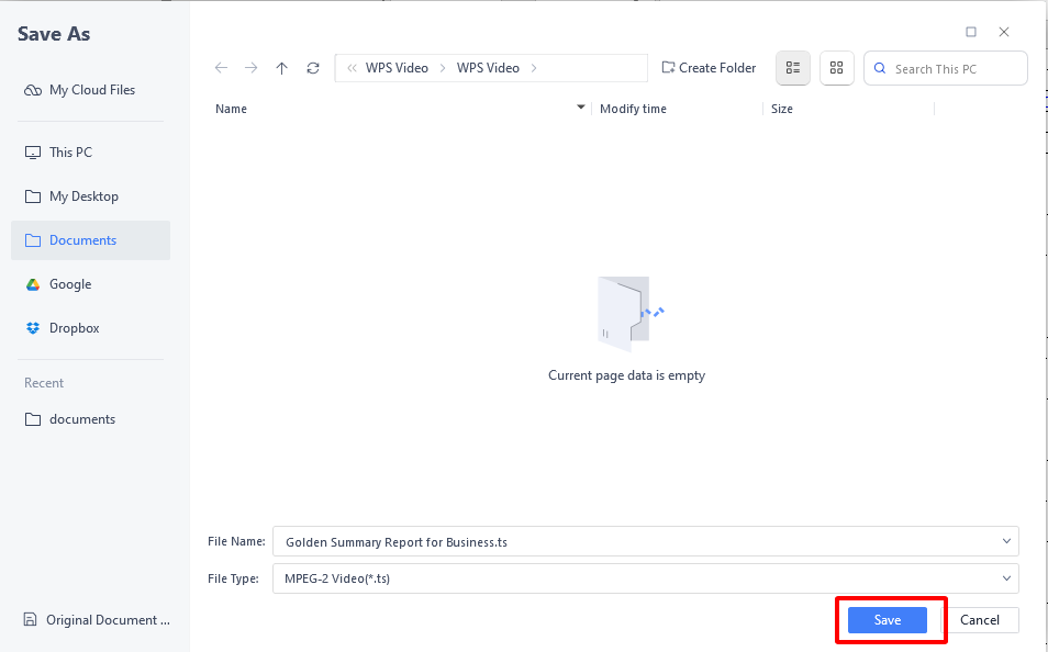 Save button to start converting