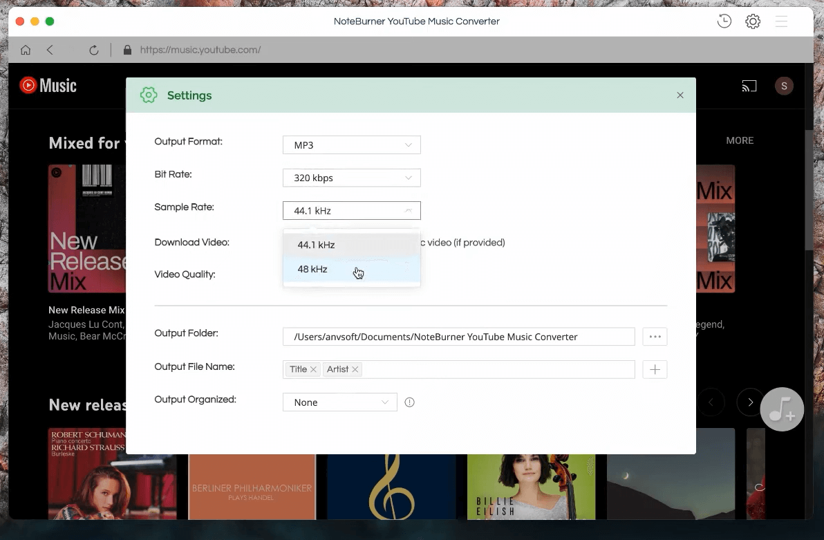 NoteBurner converter settings for changes
