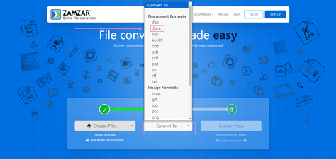 Choose format on ZAMZAR online