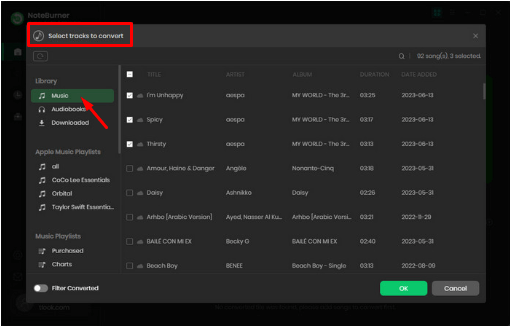 list of iTunes downloaded songs to choose