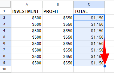dragging from cell C2 to C9
