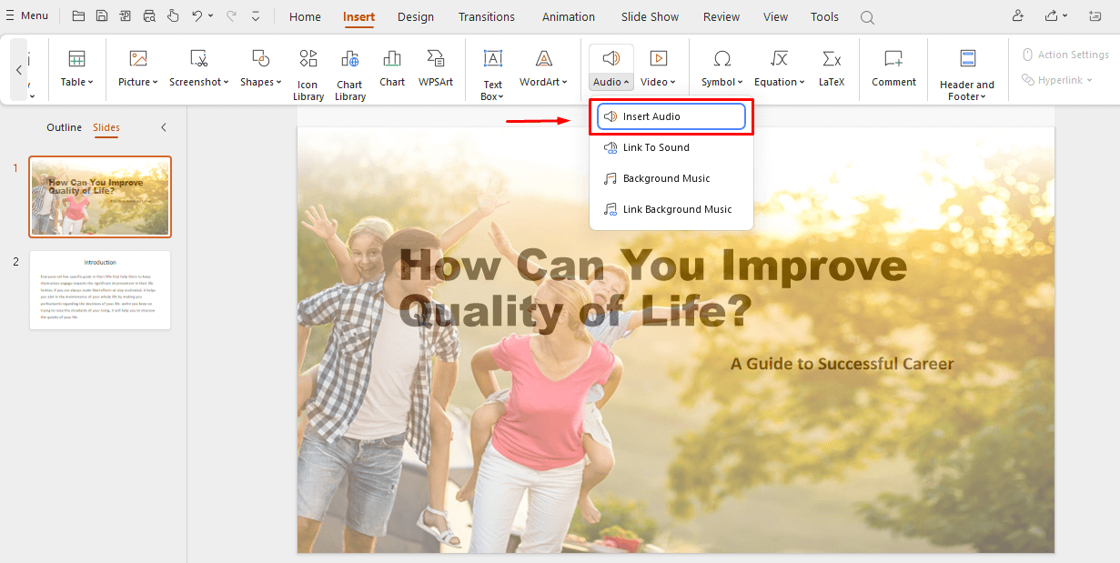 enhance suitability of slideshow by inserting audio music
