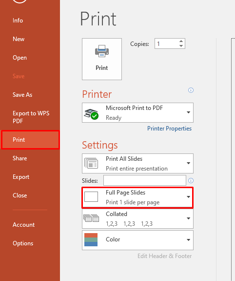 PowerPoint printing options