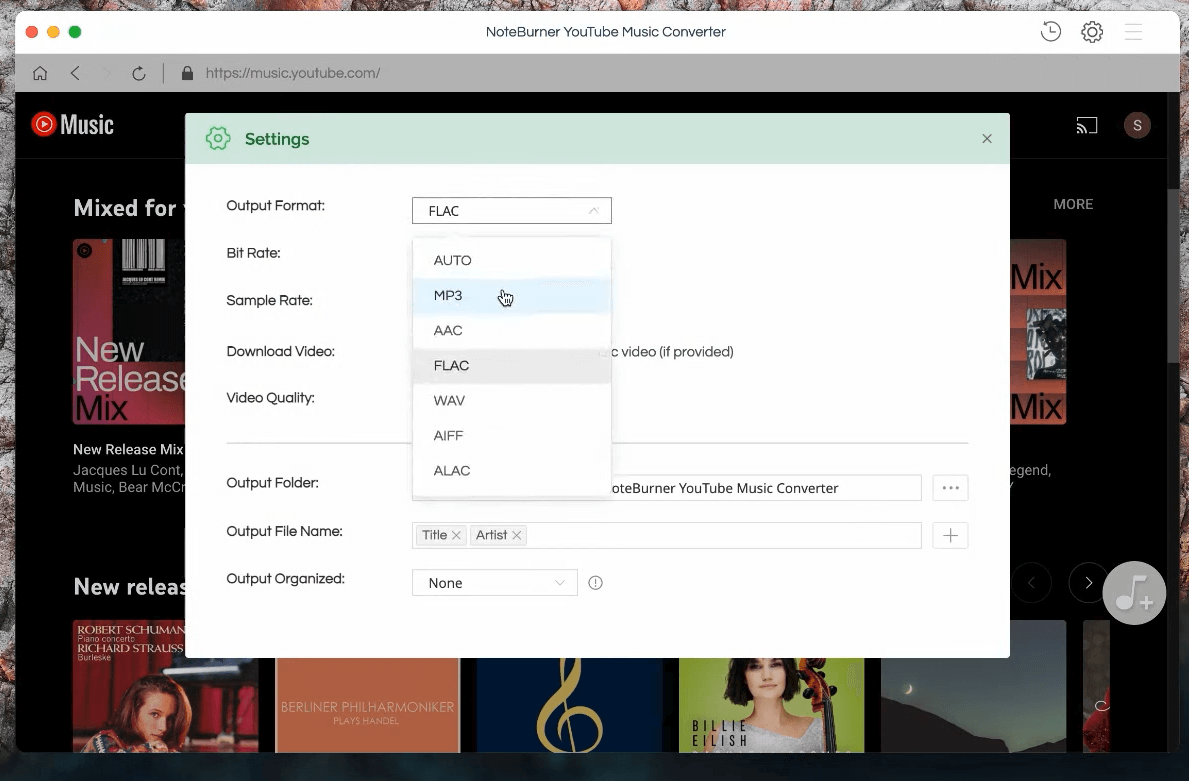 NoteBurner setting interface