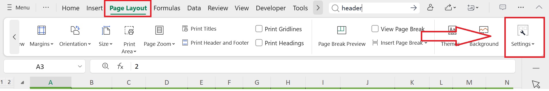Settings in Page Layout