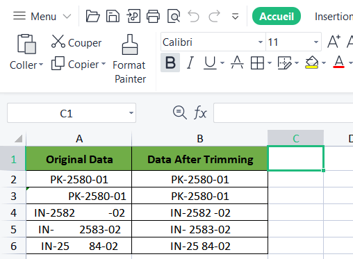 fonction TRIM dans Excel