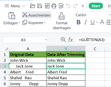 TRIM-Funktion Excel-Unterzeichen