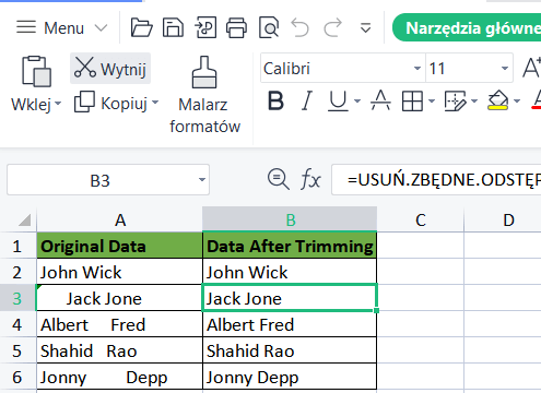 Funkcja TRIM podciągów Excel