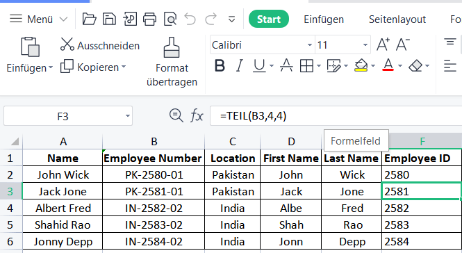 Excel Substring Mid-Funktion