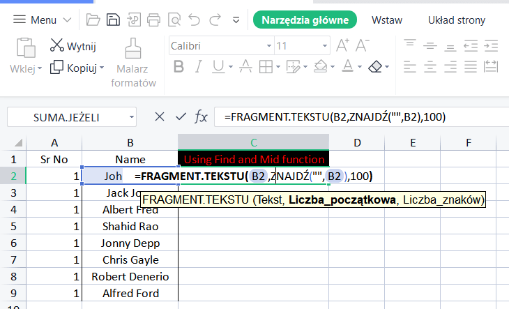 funkcja MID dla podciągów w Excelu