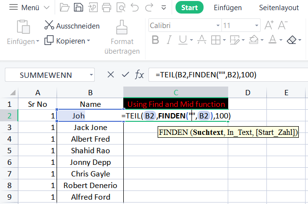 Excel Substring MID Funktion