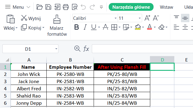 Flash Fill podciąg Excel