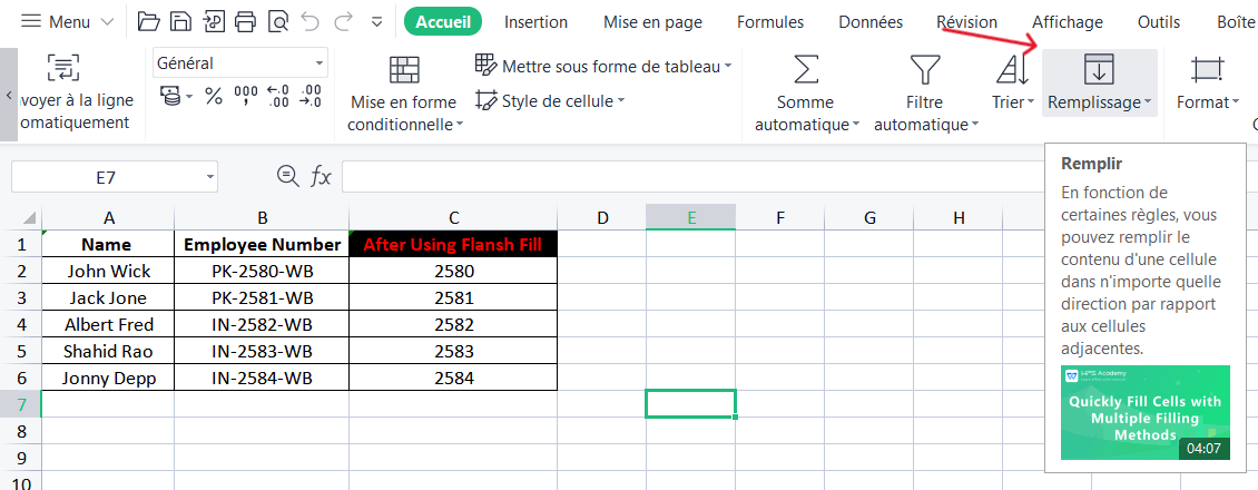 Excel sous-chaîne Flash Remplissage
