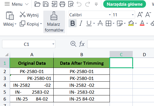 Funkcja TRIM wycinania podciągów w programie Excel