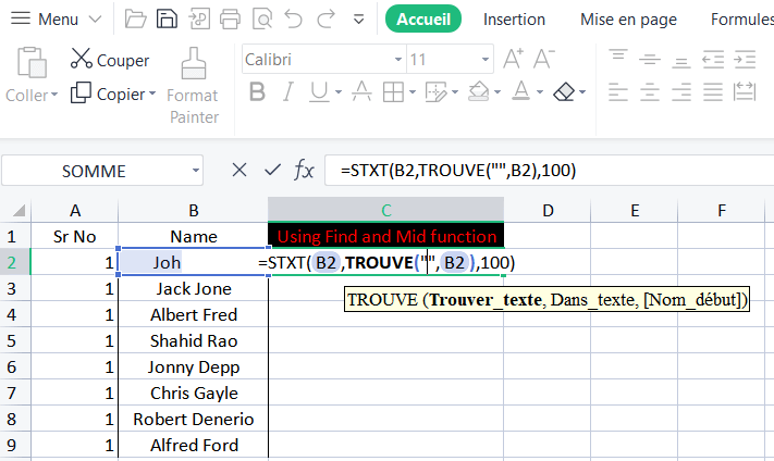 fonction MID de sous-chaîne Excel