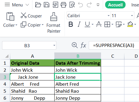 Fonction TRIM Excel pour sous-chaîne
