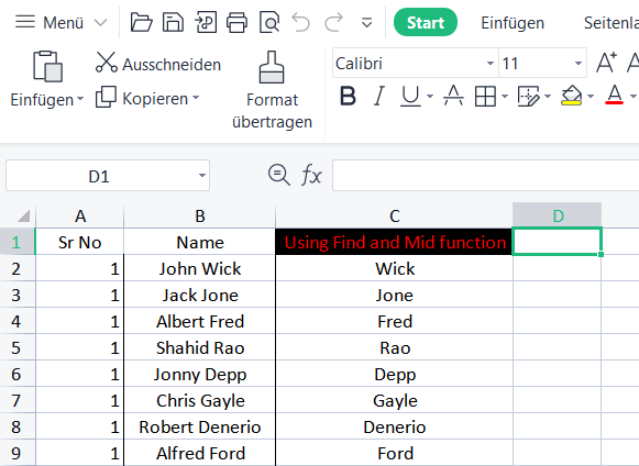 Excel Substring FIND-Funktion