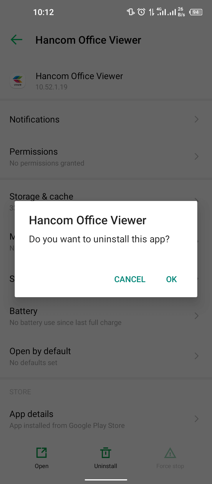 Uninstall confirmation pop-up