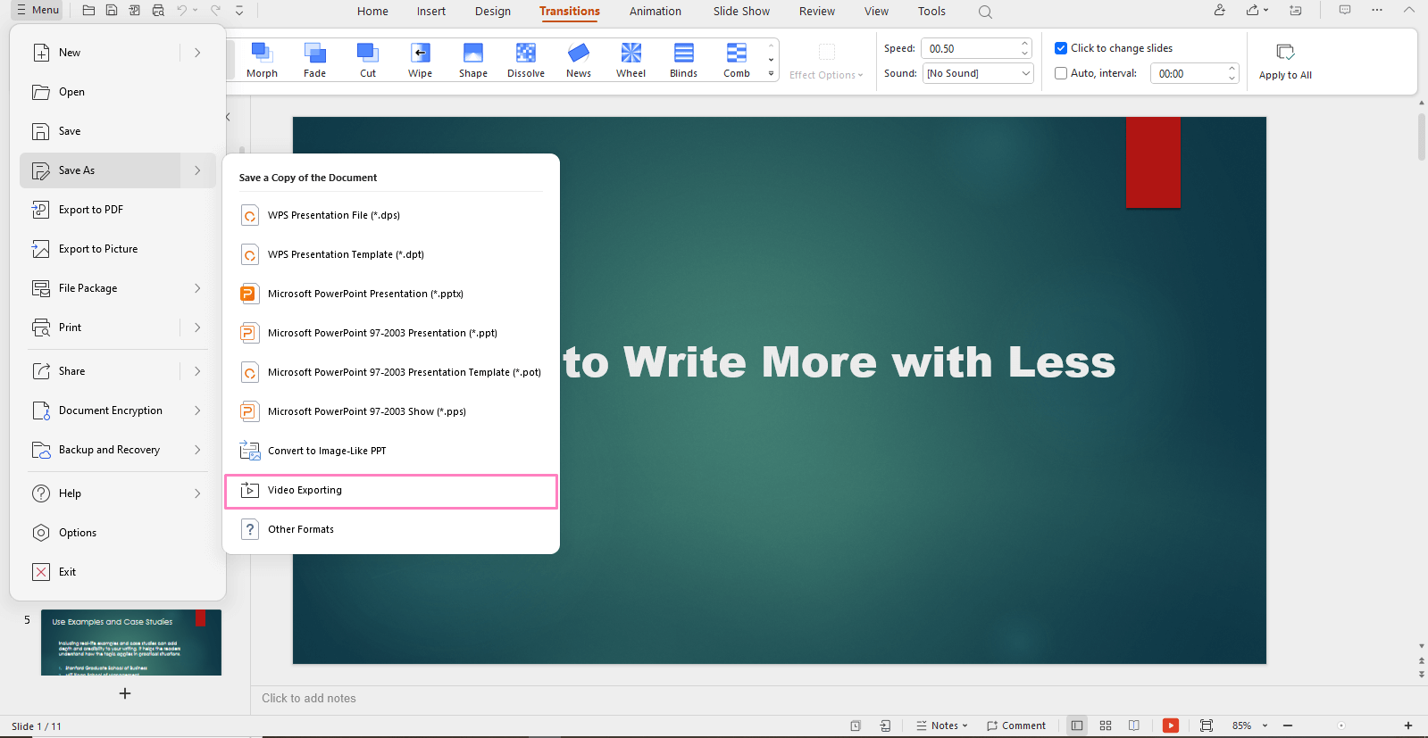 Video exporting in presentation