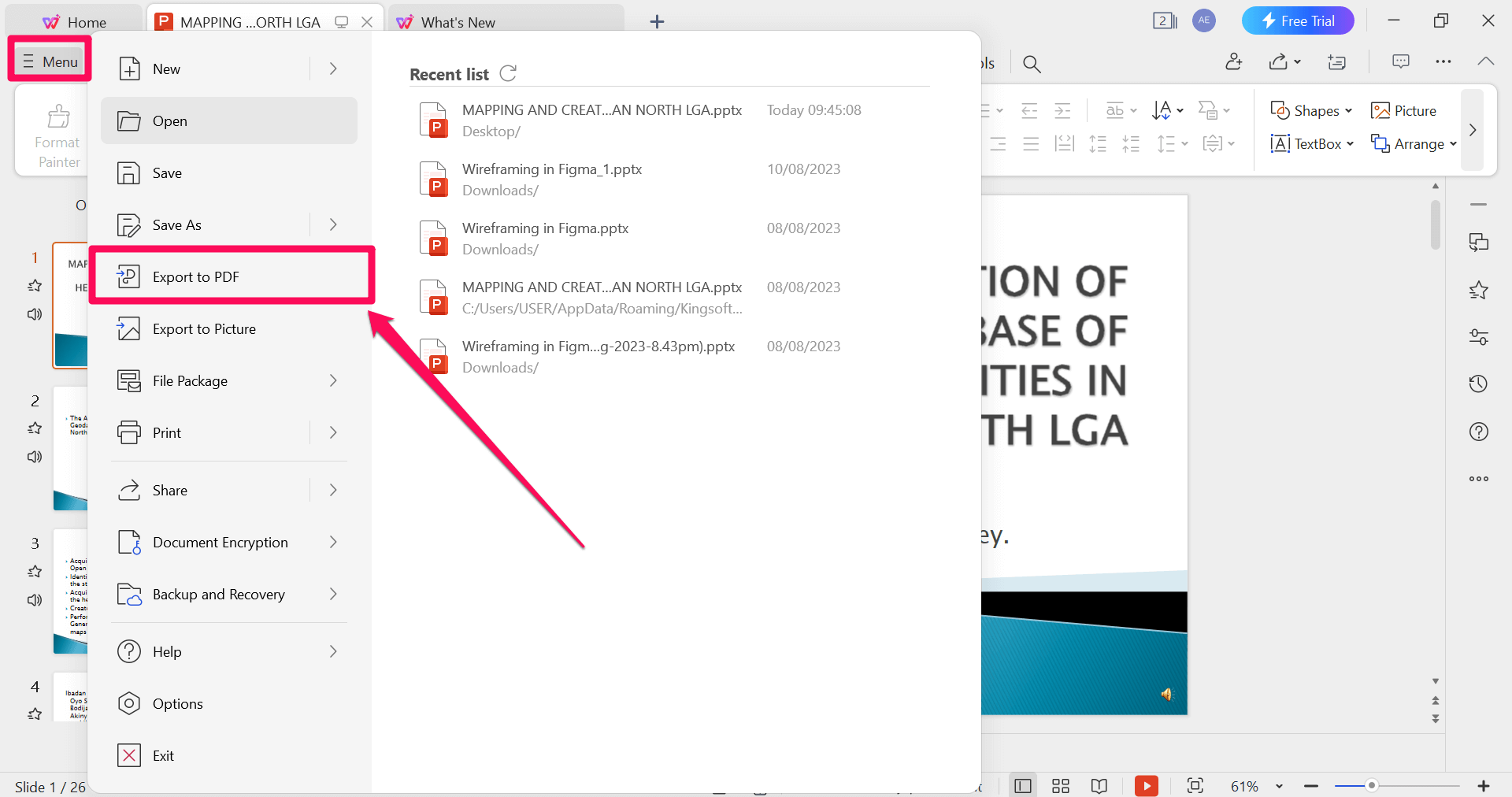 Select the Export to PDF option