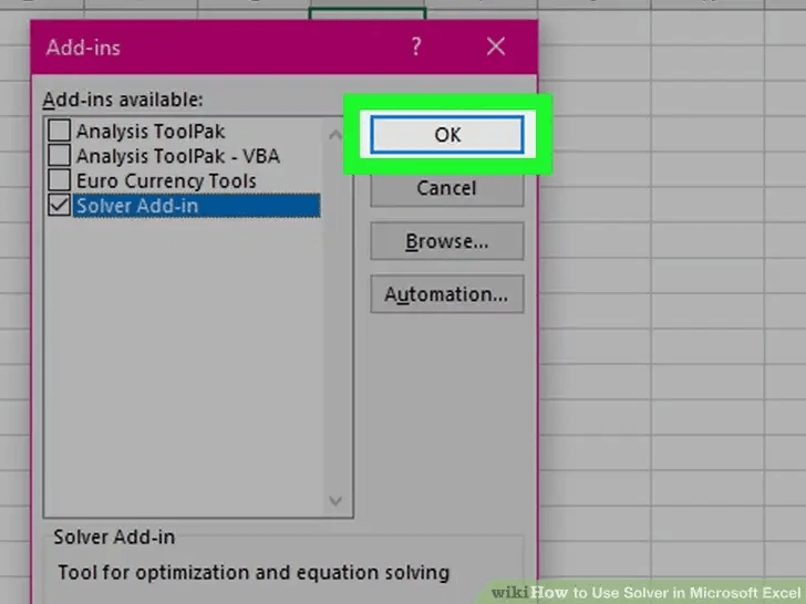 Add ins Solver function in Excel