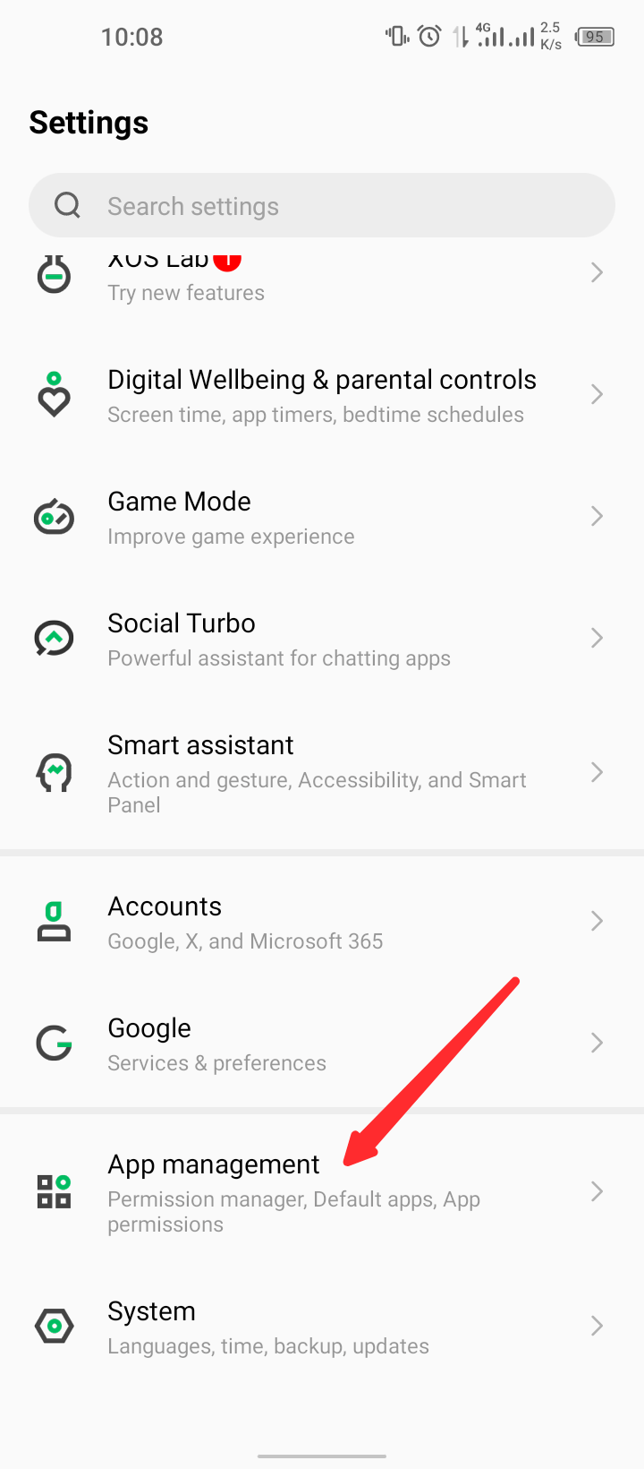 app management option in settings