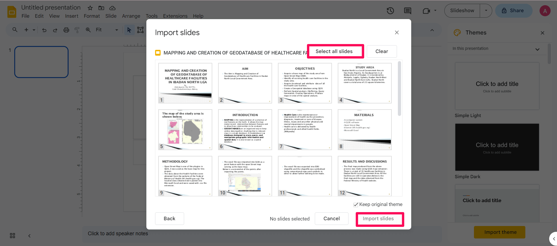 slide number selection