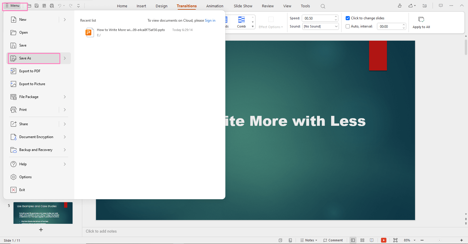 Save as option on presentation
