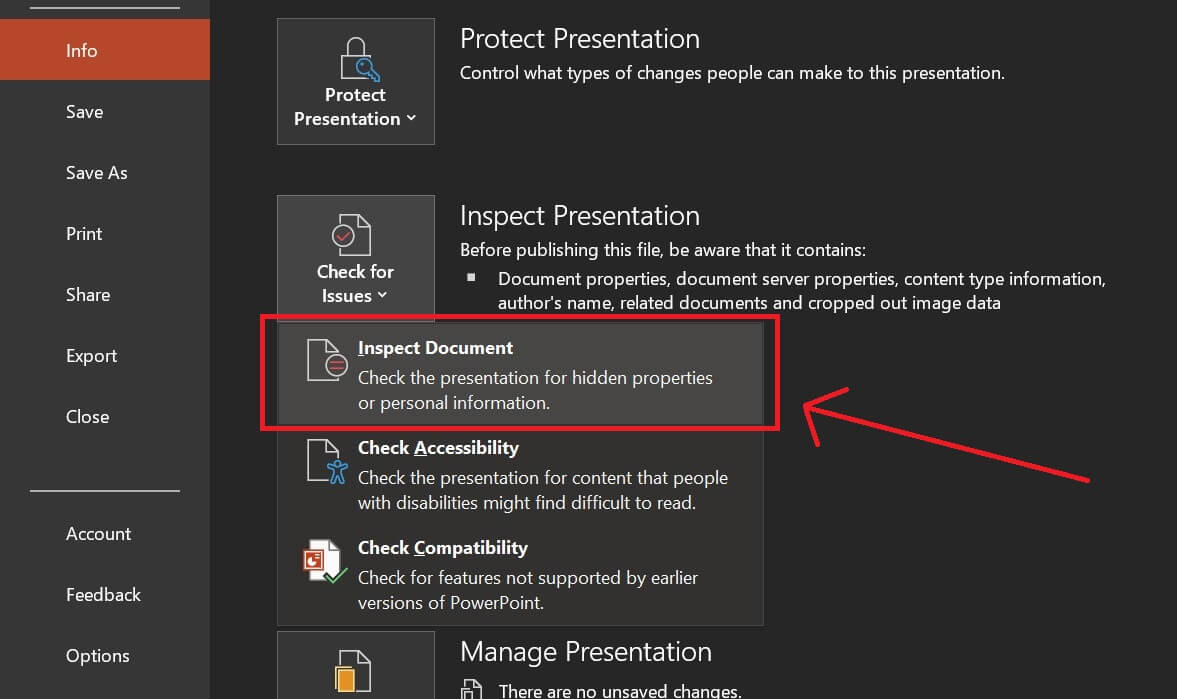 PowerPoint inspect document