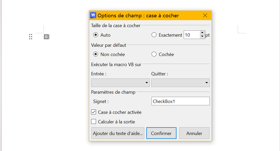 menu déroulant pour régler la case à cocher