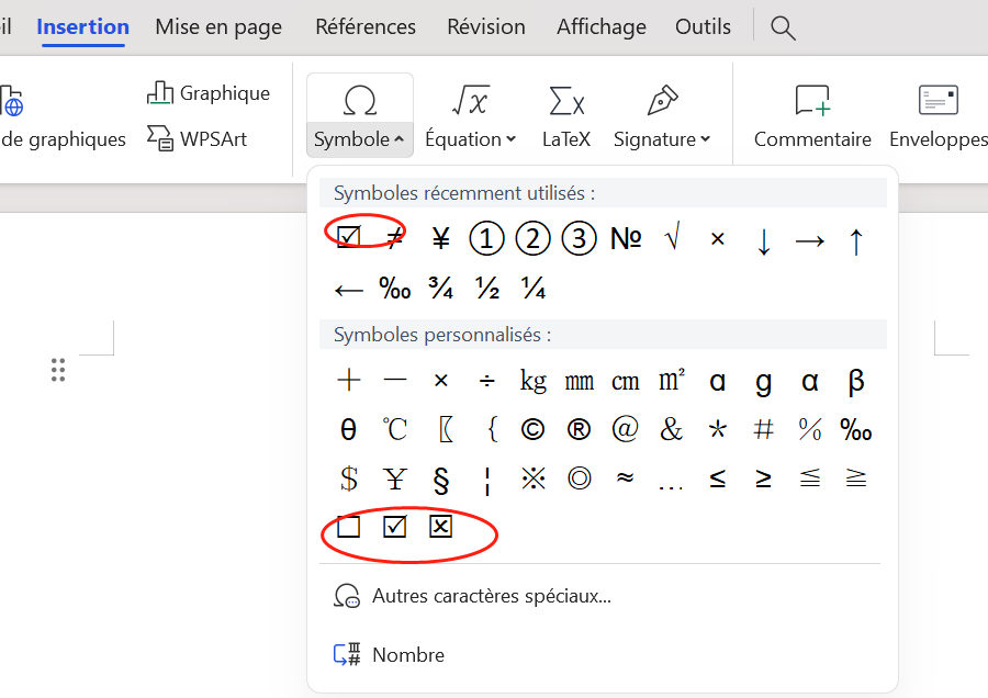 cliquez sur les cases à cocher pour sélectionner ce symbole