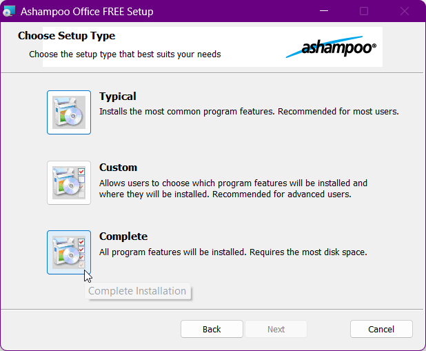 Ashampoo Office Free version installation window