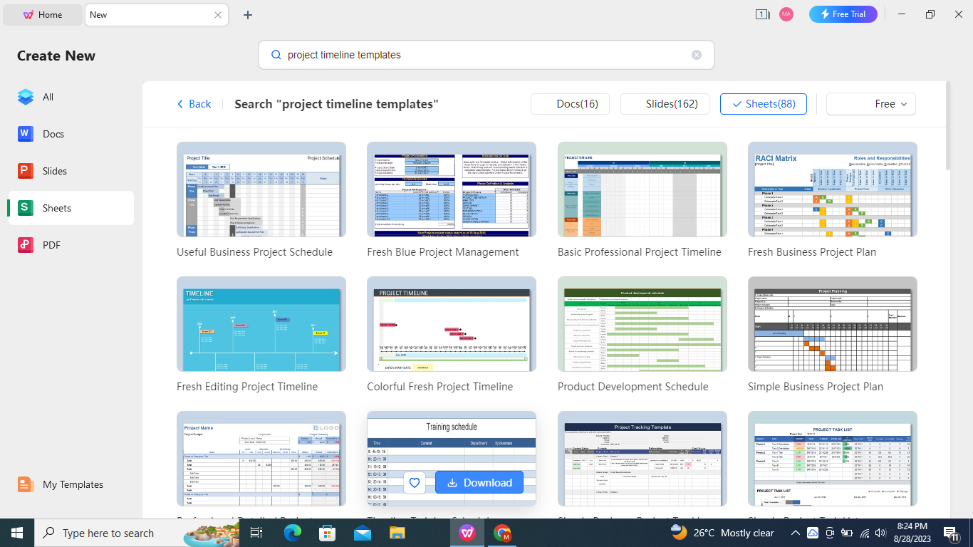 Search project timeline templates in search bar.
