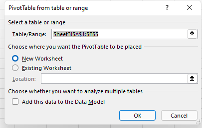  PivotTable dialog box