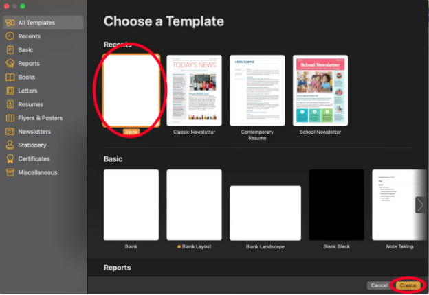 “Blank” and “Create”