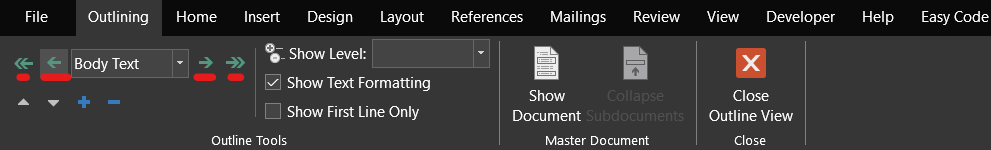 Promote and Demote in an Outline in Word