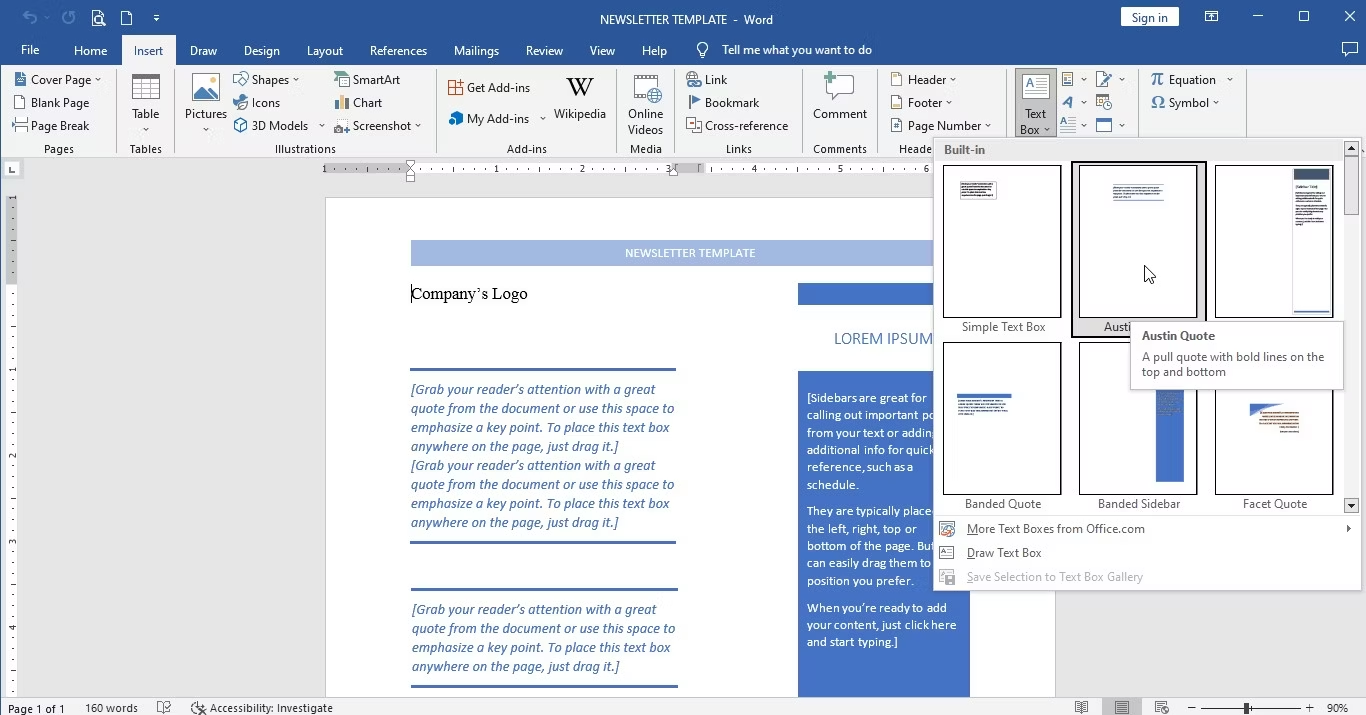 Insert text boxes to Create a Newsletter Template in Word