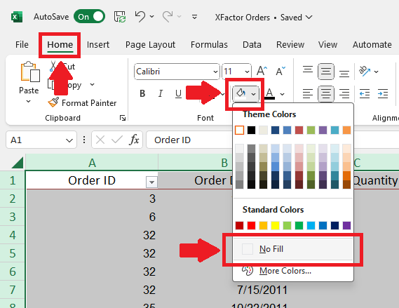 Excel no fill selection