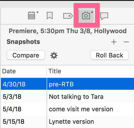 Snapshot feature Scrivener